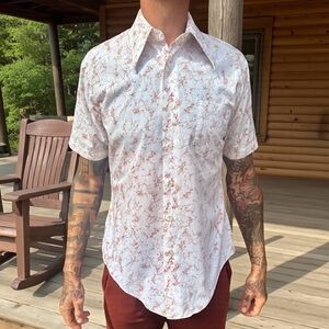 Men's Vintage 70’s Jandy Place Brown & White Short Sleeve Button-Down Shirt 15.5
